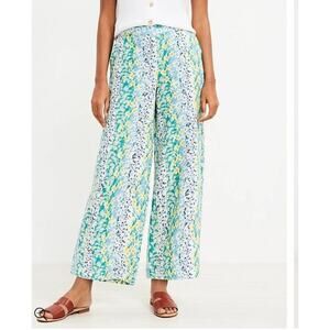 Loft Pants Women's Medium Linen Wide Leg Crop Floral Green Blue Allure Azul